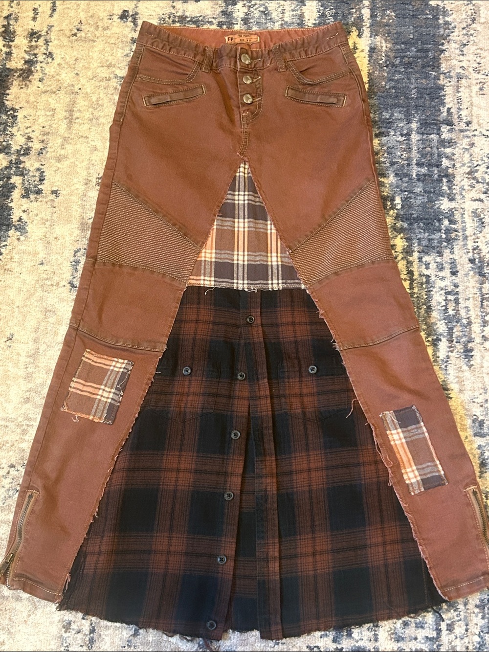 Upcycled free people moto denim jean and plaid button down skirt
